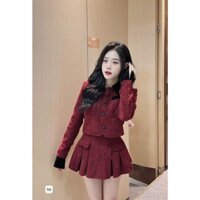 Set dạ tweed nữ đỏ viền nhung kèm chân váy dạ xếp ly dáng ngắn tiểu thư mùa đông mặc tết