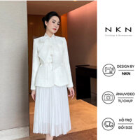 Set dạ tweed, set dạ NKN Amina 4 nắp túi màu trắng kẻ vàng, thiết kế chiết eo, chất dạ tweed cao cấp