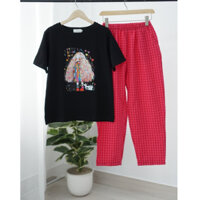 Sét dài caro nữ quần suông hoặc baggy menina_studio, Sét đồ dài nữ quần kẻ caro áo thun in hình form rộng