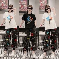 Sét dài cotton nữ quần ống bo cao cấp phối 3D thêu Logo cao cấp cá tính thể thao siêu mát mịn.M&K