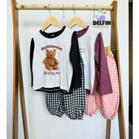 Sét dài thu đông bé gái, bé trai Delfinkids, sét bộ dài áo phối thun giấy quần kẻ caro ống bo rộng style Hàn từ 10-30kg