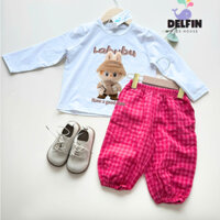 Sét dài thu đông cho bé trai, bé gái in hình LABUBU Delfinkid, sét dài quần caro bí áo thun dài tay 4 chiều  100%