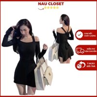 Set Đầm 2 Dây Body Trễ Vai Đan Lưng Kèm Quần Giả Váy Sexy, Đầm Ôm Tôn Dáng Lạ Mắt 2 Màu Đen, Xám ( hàng có sẳn)