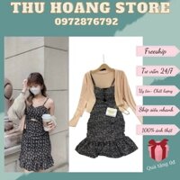 SET đầm 2 DÂY ĐEN HOA CUT OUT NGỰC váy ĐUÔI CÁ NHÚM HÔNG mix ÁO KHOÁC cadigan MỎNG MÀU NUDE phong cách sexy hàn quốc