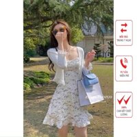 Set Đầm 2 Dây Hoa Bèo và Áo Khoác Croptop Trắng Tay Dài Viền Ren, có hình thật shop chụp