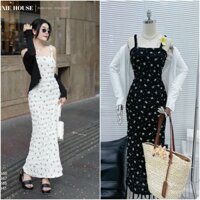 Set đầm 2 dây ôm body in họa tiết nơ trắng đen kèm áo khoác tăm lạnh