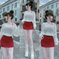 Sét đầm 2 dây ôm body nhúm sườn dáng ngắn , kèm áo len tay dài ngắn cực hot