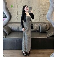 set đầm 2 dây sọc ngang dáng dài logo nhỏ trước kèm áo khoác ngoài