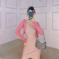 Set đầm 2s caro hồng kèm áo khoác len