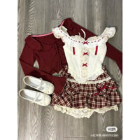 Set đầm 3 món áo khoác thun gân tay dài +áo croptop phối ren+chân váy nhắn kẻ caro phối ren kiểu dáng Hàn quốc