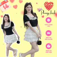 Set đầm áo ôm body cổ viền ren mix chân váy xếp tầng chạy bèo ren dễ thương chuẩn form