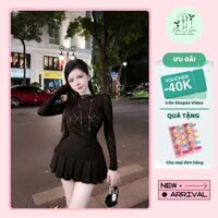 Set đầm áo ren tay dài cổ lọ kèm chân váy xếp ly sang trọng sexy phong cách tiểu thư (H48)- Haicogai Clothing