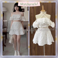 Set đầm áo trễ vai bèo cổ yếm kèm chân váy dáng xòe áo croptop hở vai phong cách tiểu thư dễ thương đầm váy nữ