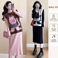SET ĐẦM BẦU MÙA ĐÔNG ẤM ÁP HÌNH MÈO DỄ THƯƠNG GỒM ÁO NỈ DA PE VÀ VÁY LEN THỪNG CỔ 3 PHÂN DÁNG SUÔNG DÀI TAY X117
