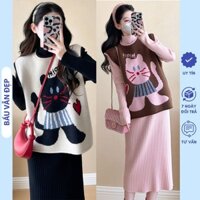 SET ĐẦM BẦU THU ĐÔNG BABYDOLL GỒM ÁO GILE NỈ DÀY DẶN VÀ VÁY LEN GÂN DÁNG SUÔNG DÀI CỔ 3 PHÂN X117