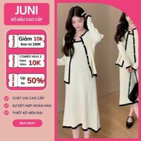 Set đầm bầu thu đông Juni dáng babydoll len tăm, váy 2 dây kèm áo khoác xinh xắn, lên dáng chuẩn, ấm áp dễ thương