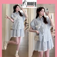 Set Đầm Bầu Váy Bầu Mùa Hè Cộc Tay Vải Thô Cổ Sơ Mi Phối Viền Thêu Trẻ Trung Thanh Lịch Mặc Đi Chơi HD3081 Honey Mommy