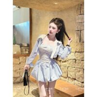 set đầm bí cúp ngực kẻ sọc đan dây họa tiết nơ mini kèm áo khoác tay dài dễ thương crt3