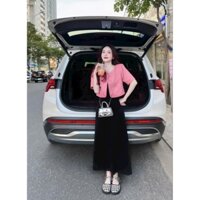 Set đầm body 2 dây thun kèm áo khoác vest tay lỡ màu đen hồng, freesize dưới 55kg