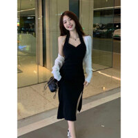 Set đầm body cổ yếm xẻ tà kèm khoác cardigan trắng