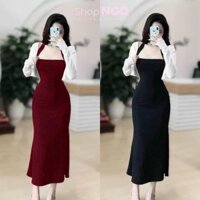 Set Đầm body đuôi cá choàng cổ yếm ôm body, Set váy body kem áo khoác nữ kiểu tôn dáng sáng chảnh hàn quốc