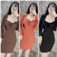 Set Đầm Body Hai Dây Kèm Áo Khoác Ngoài Bèo Kèm Hình Thực