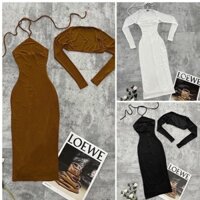 Set Đầm Body Kèm Áo Khoác Yếm Cột