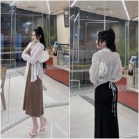 Set đầm body tăm lạnh kèm áo khoác tơ cột dây sau lưng sành điệu quyến rũ