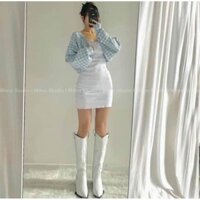 Set đầm body trắng hai dây và áo khoác croptop caro xanh cánh dơi