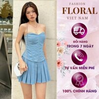 Set đầm cúp ngực chân váy xòe xếp ly FLORAL DESIGN nữ màu xanh da trời Jean dáng chữ A dáng ngắn năng động free size