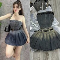 sét đầm cúp ngực jean chân váy dáng xòe kèm đai nịt ảnh thật lz