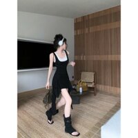 SET ĐẦM ĐEN BODY SÁT NÁCH CỔ U THẮT DÂY NƠ VAI VẠT TUA RUA 2 BÊN + ÁO CROPTOP BA LỖ TRẮNG (TH)