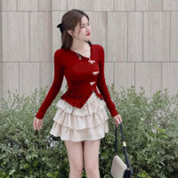 set đầm đỏ viền ren trắng tay dài,váy nữ noel siêu xin cho mùa giangs sinh