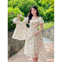 Set đầm đôi mặc đi tiệc, dạo phố cho mẹ và bé gái - Chất liệu von ép cao cấp form nhún eo tôn dáng