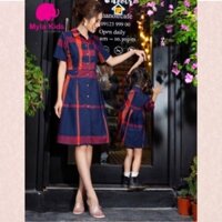 Set đầm đôi mẹ và bé gái họa tiết kẻ bbr màu đỏ xanh thiết kế tay lửng cổ sơ mi chất liệu cotton nhật cao cấp Myla Kids