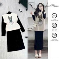 Set đầm đông ấm áp gồm áo nỉ cổ tròn in hình thỏ dễ thương váy bầu len gân dài tay cổ 3 phân dáng suông trẻ trung X25