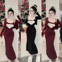 Set đầm hai dây gấu kem bông kèm áo khoác tay dài - (thun tăm thái) H841 Sumi House