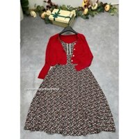 Set đầm hoa 2 dây dáng dài kèm khoác cardigan len đỏ D1054 - Shop Nàng Cần Thơ