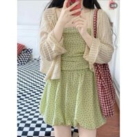 set đầm hoa nhí xanh kèm áo khoác lưới laviecloset