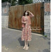 Set đầm hoa vintage dáng xòe lửng kèm áo khoác hồng ngọt ngào nàng thơ
