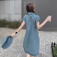 Set đầm jean bò mềm mại nữ cổ sen tay bồng nhún dáng suông ngắn mix mũ vành siêu dễ thương, cute xinh xắn style hàn quốc