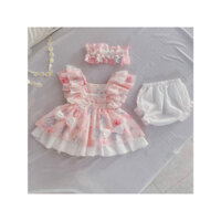 Set Đầm Kèm Quần Băng Đô Hoa Xinh Bé Gái
