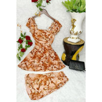 Set Đầm Kèm Quần Họa Tiết Hoa Tay Phồng Lụa Mango Lưng Bo Thun