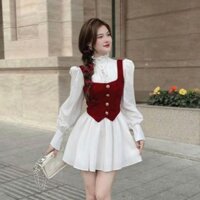 Sét đầm kiểu tiểu thư chất lụa tay dài bo tay áo kiểu nhung váy xòe dài trên gối có lót