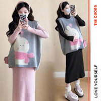 SET ĐẦM LEN BẦU THU ĐÔNG GỒM VÁY LEN CỔ LỌ DÀI TAY DÁNG SUÔNG VA ÁO GILE NỈ CHẤT MỀM ĐẸP IN HÌNH X22 ĐẦM NOEL