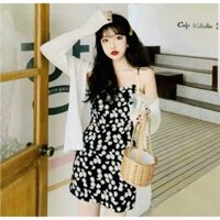 Set đầm lụa hoa cúc kèm áo khoác tăm gân