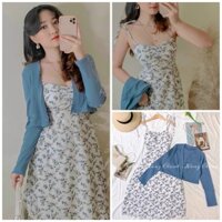 Set Đầm maxi 2 dây hoa nhí xanh -váy hoa nhí xanh xẻ tà kèm Áo khoác cardigan croptop tiểu thư phong cách hàn quốc