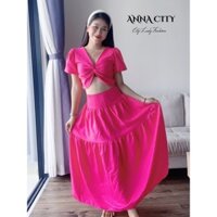 Set đầm maxi áo croptop xoắn - pink