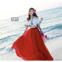 SET ĐẦM MAXI ÁO TRẮNG TRỄ VAI BÈO CHÂN VÁY ĐỎ ĐI BIỂN RẤT XINH