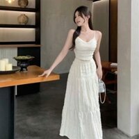 Set đầm maxi dáng dài Mtee đi biển, Đầm hai dây dài nhún dáng corset mùa hè cổ điển 2025 D38